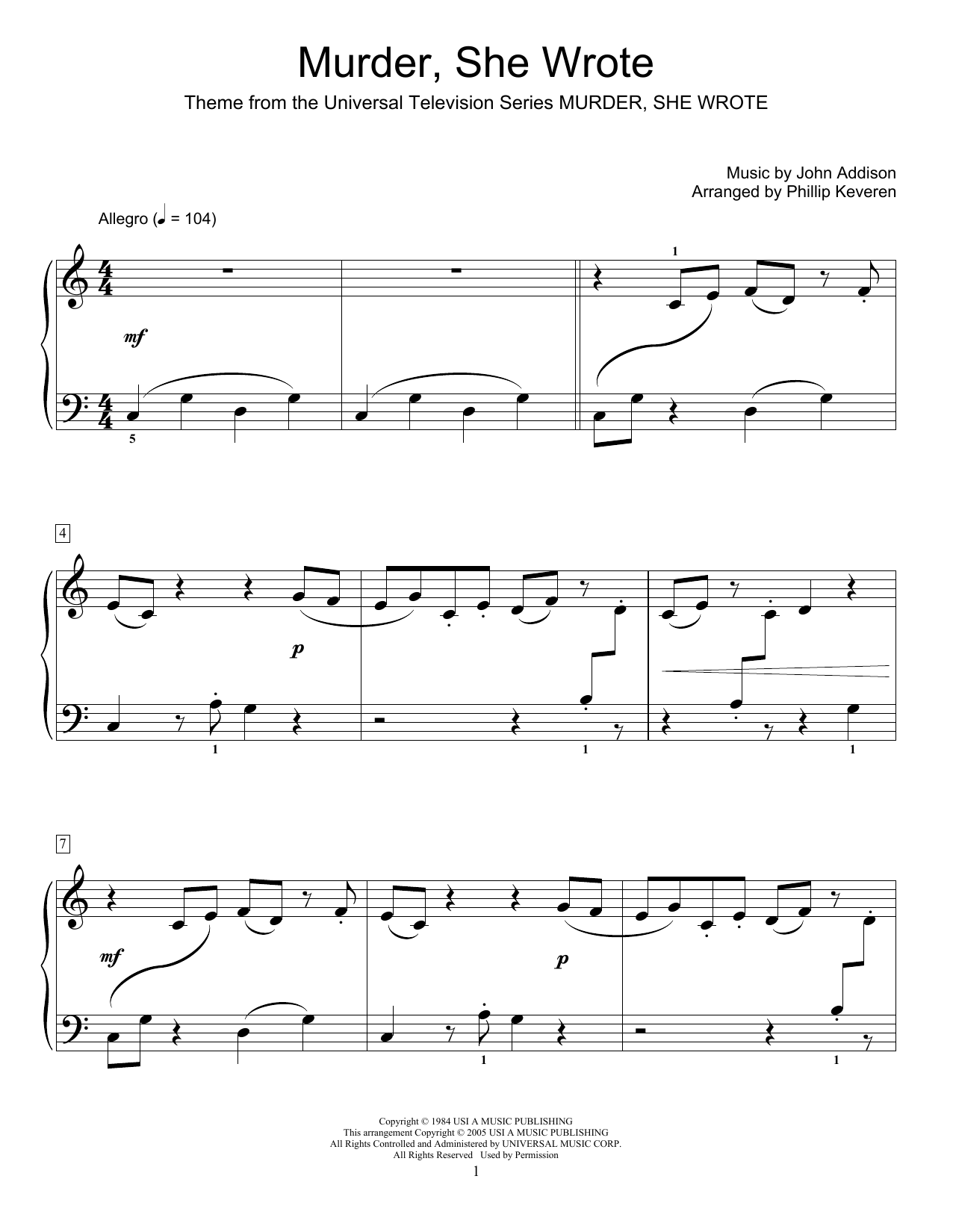 John Addison Murder, She Wrote (arr. Phillip Keveren) sheet music notes and chords arranged for Educational Piano