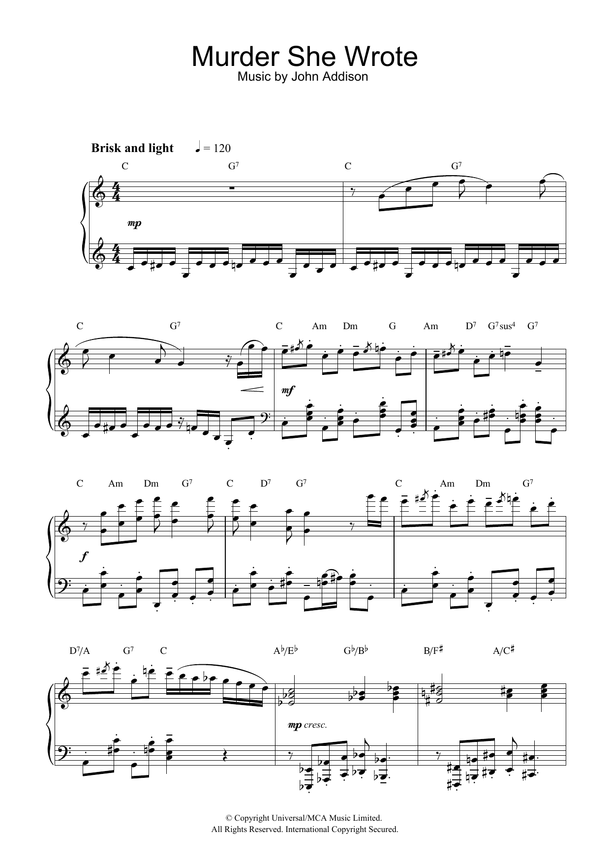 John Addison Murder She Wrote sheet music notes and chords arranged for Piano Solo