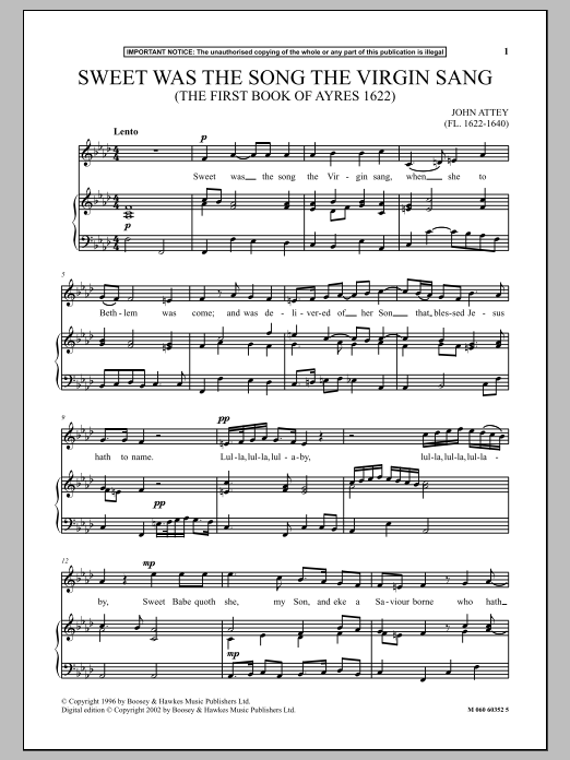 John Attey Sweet Was The Song The Virgin Sang (The First Book Of Ayres 1622) sheet music notes and chords arranged for Piano & Vocal