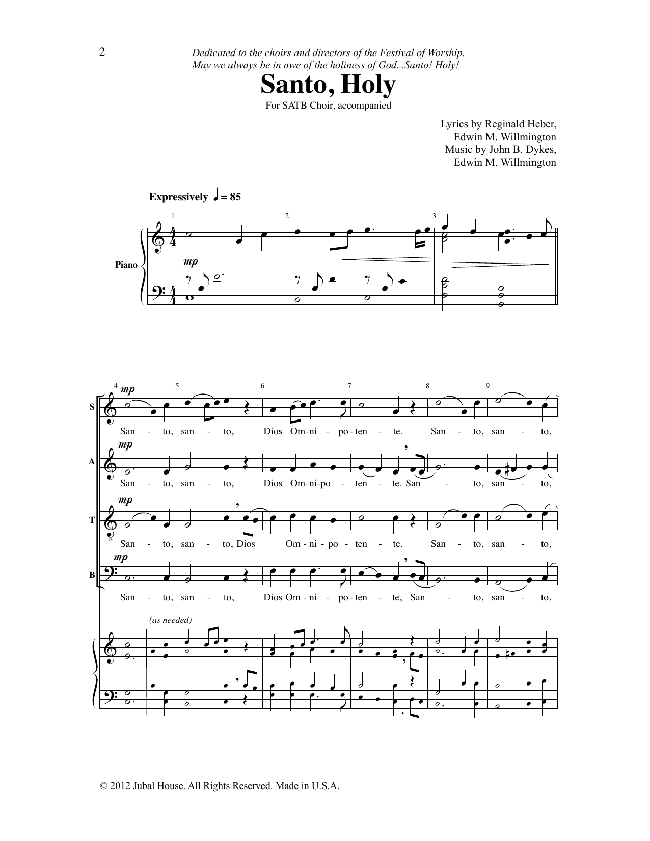 John B. Dykes & Edwin M. Willmington Santo, Holy sheet music notes and chords arranged for SATB Choir