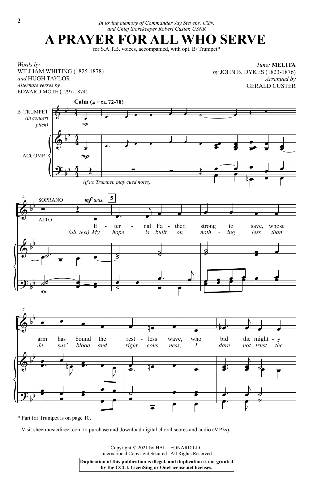 John B. Dykes A Prayer For All Who Serve (arr. Gerald Custer) sheet music notes and chords arranged for SATB Choir