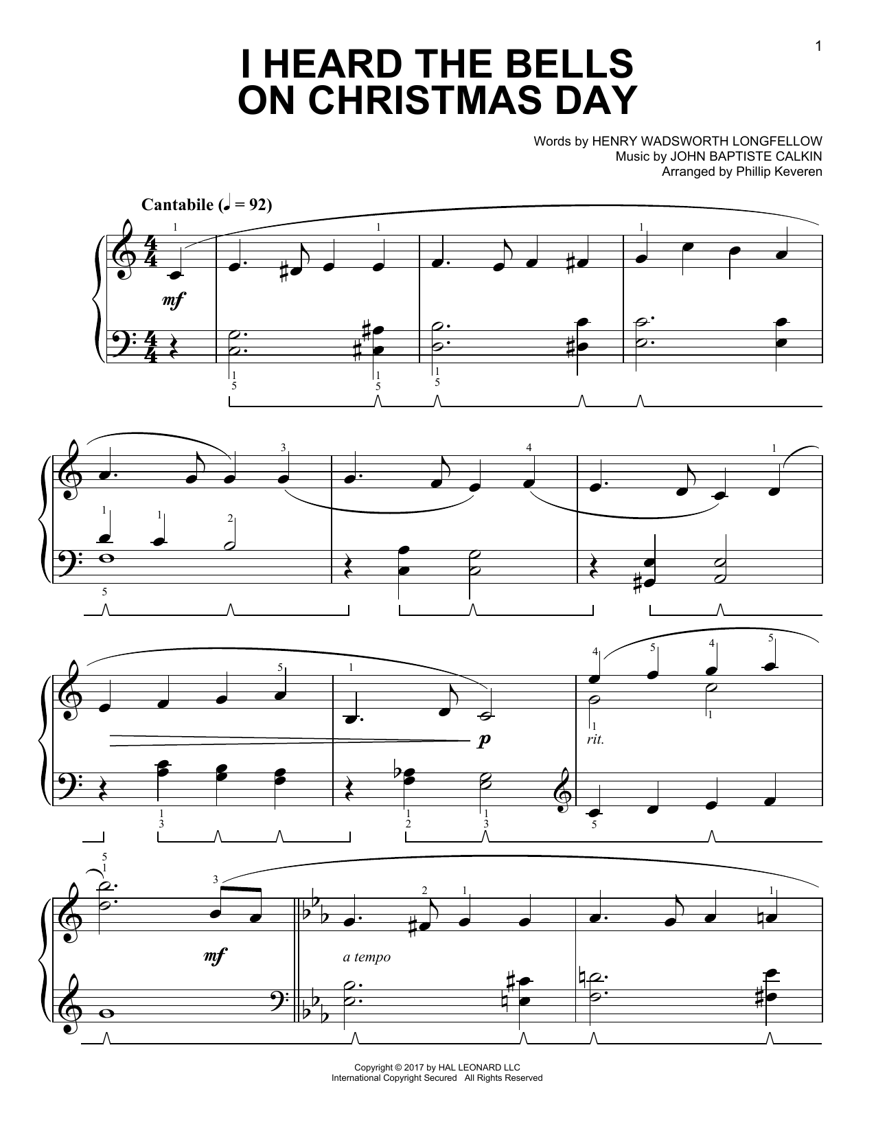 John Baptiste Calkin I Heard The Bells On Christmas Day [Classical version] (arr. Phillip Keveren) sheet music notes and chords arranged for Easy Piano