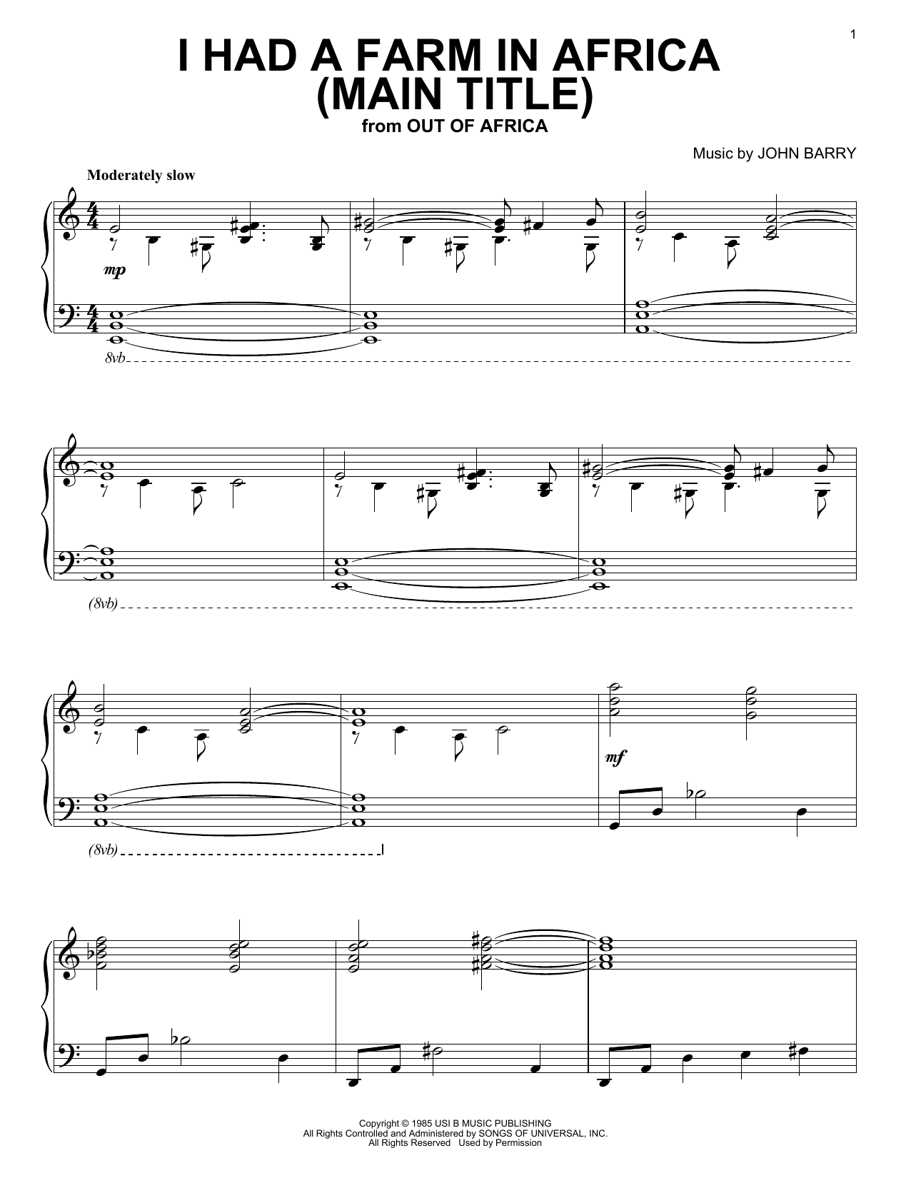 John Barry I Had A Farm In Africa (Main Title) (from Out Of Africa) sheet music notes and chords arranged for Piano Solo