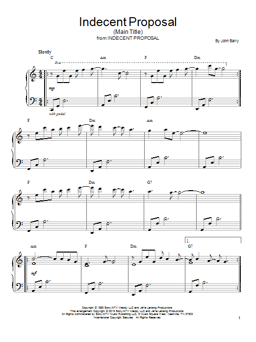 John Barry Indecent Proposal (Main Theme) sheet music notes and chords arranged for Piano Solo