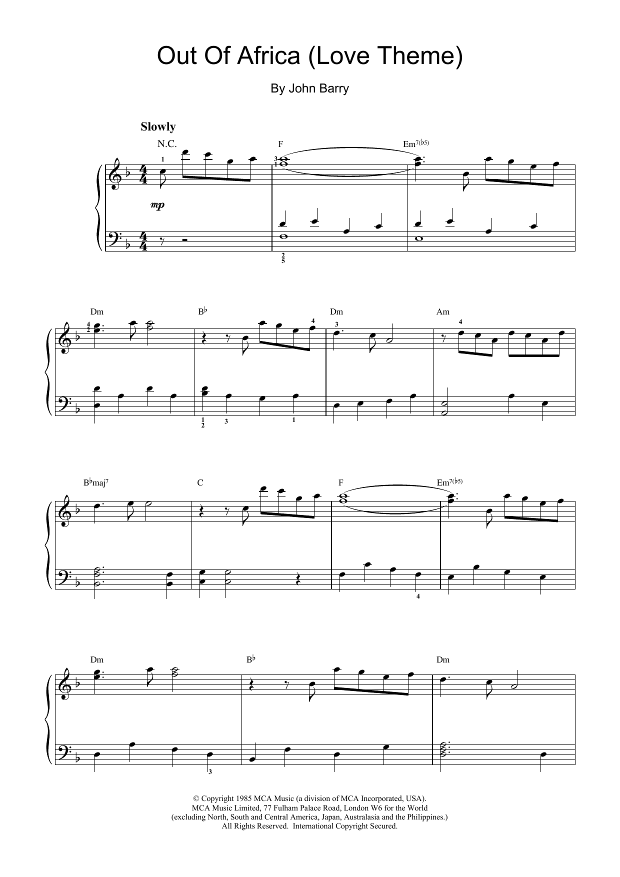 John Barry Out Of Africa (Love Theme) sheet music notes and chords arranged for Piano Chords/Lyrics