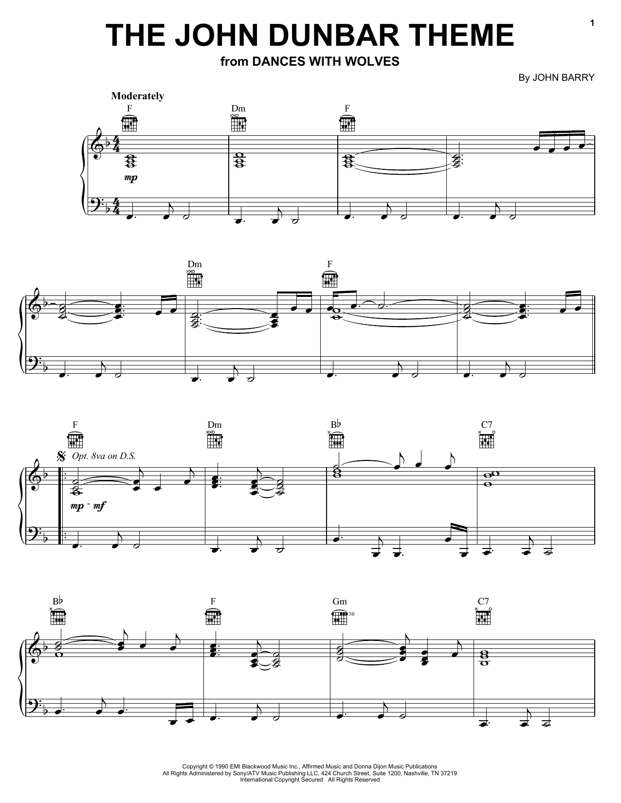 John Barry The John Dunbar Theme (from Dances With Wolves) sheet music notes and chords arranged for Piano Solo