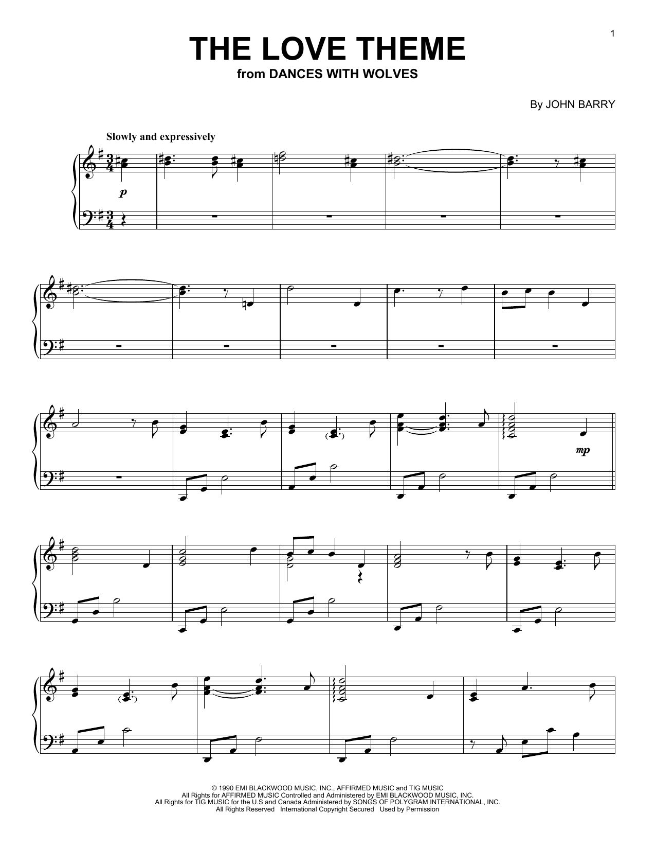John Barry The Love Theme (from Dances With Wolves) (arr. Phillip Keveren) sheet music notes and chords arranged for Piano Solo