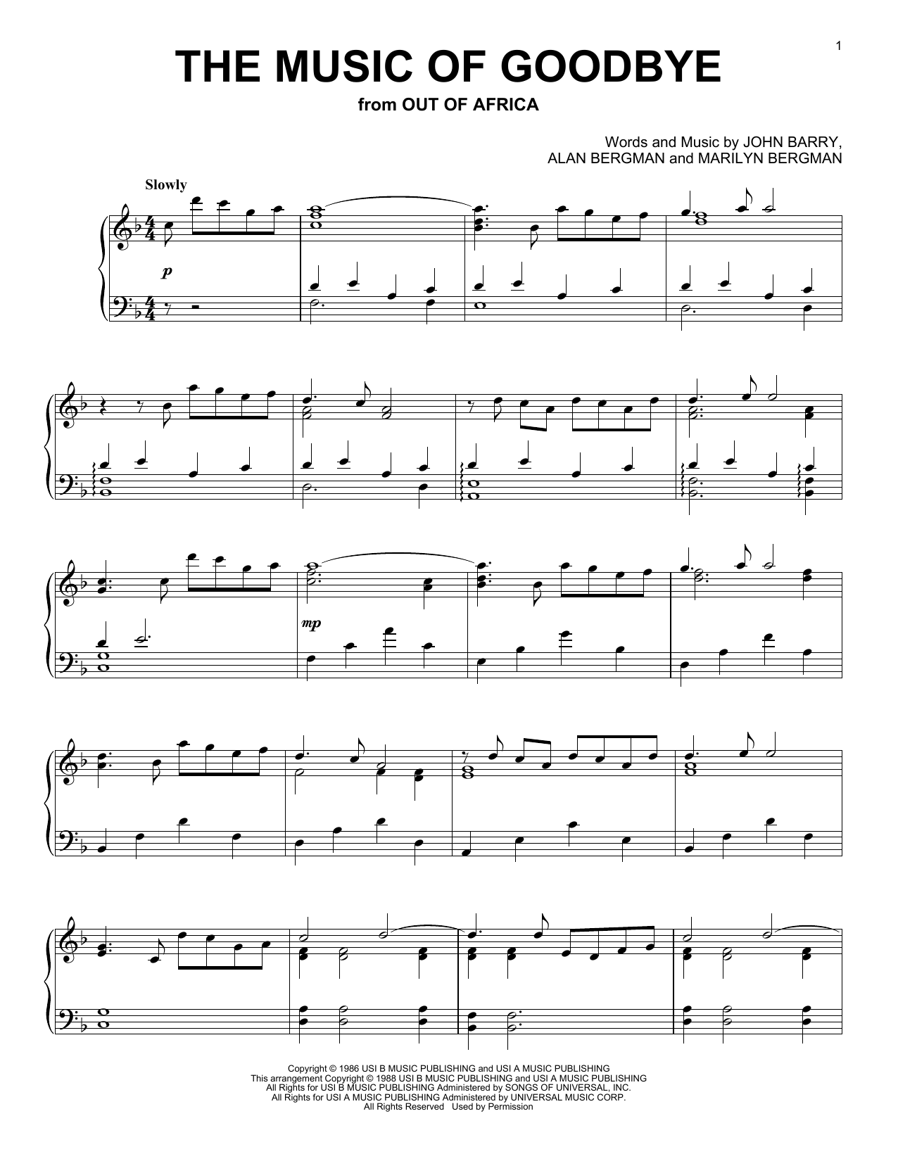John Barry The Music Of Goodbye sheet music notes and chords arranged for Viola Solo