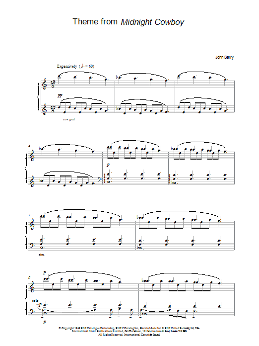 John Barry Theme from Midnight Cowboy sheet music notes and chords arranged for Piano Solo