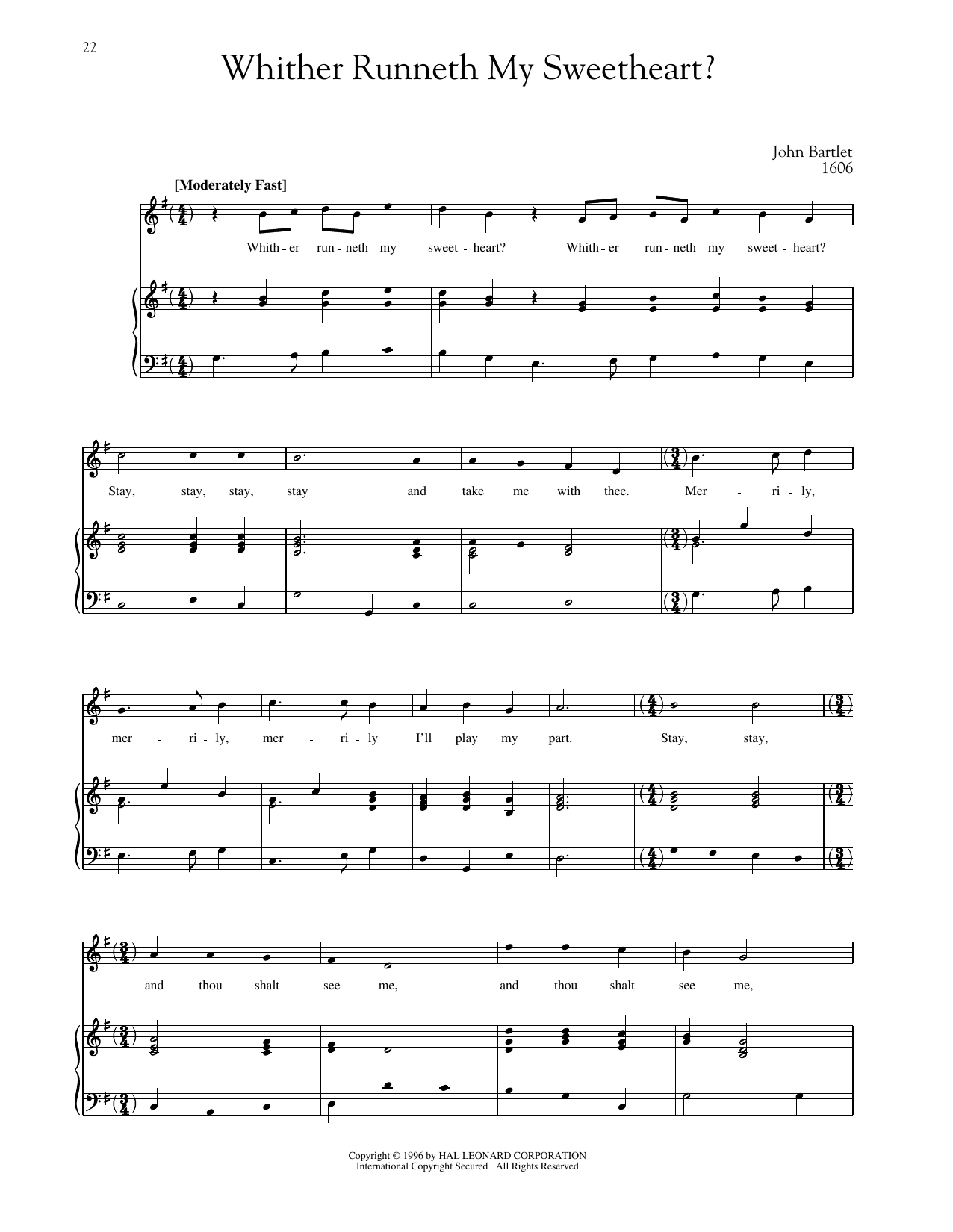 John Bartlet Whither Runneth My Sweetheart? sheet music notes and chords arranged for Piano & Vocal