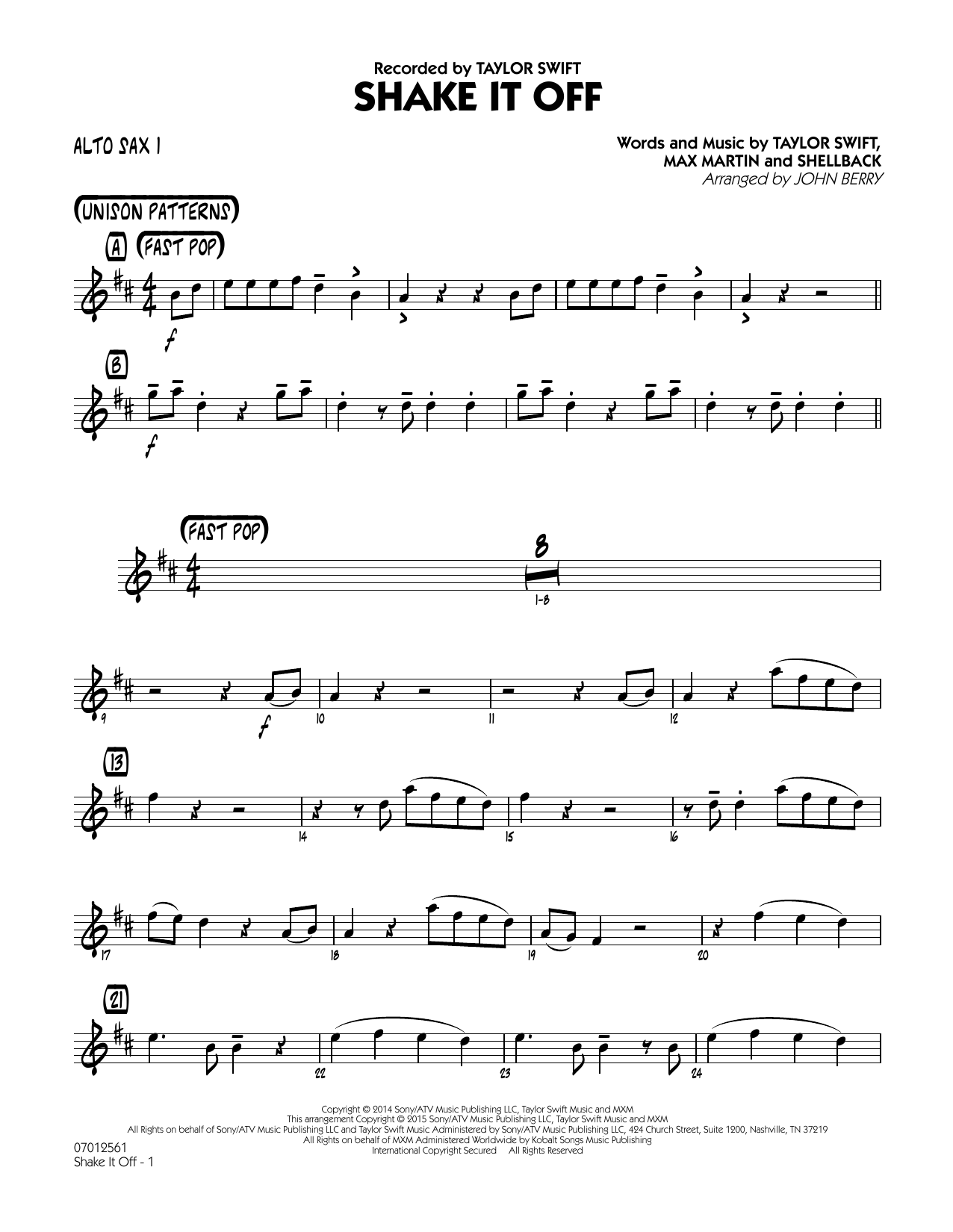 John Berry Shake It Off - Alto Sax 1 sheet music notes and chords arranged for Jazz Ensemble