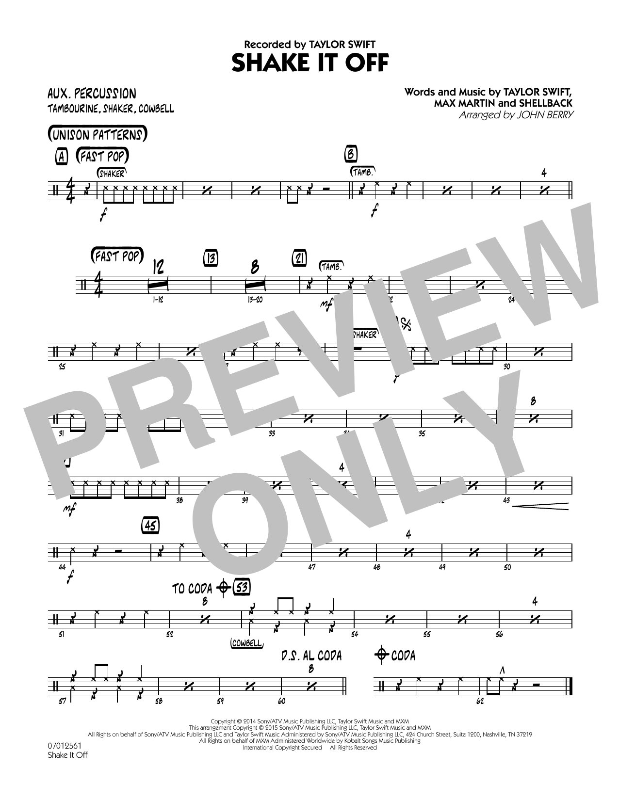 John Berry Shake It Off - Aux Percussion sheet music notes and chords arranged for Jazz Ensemble