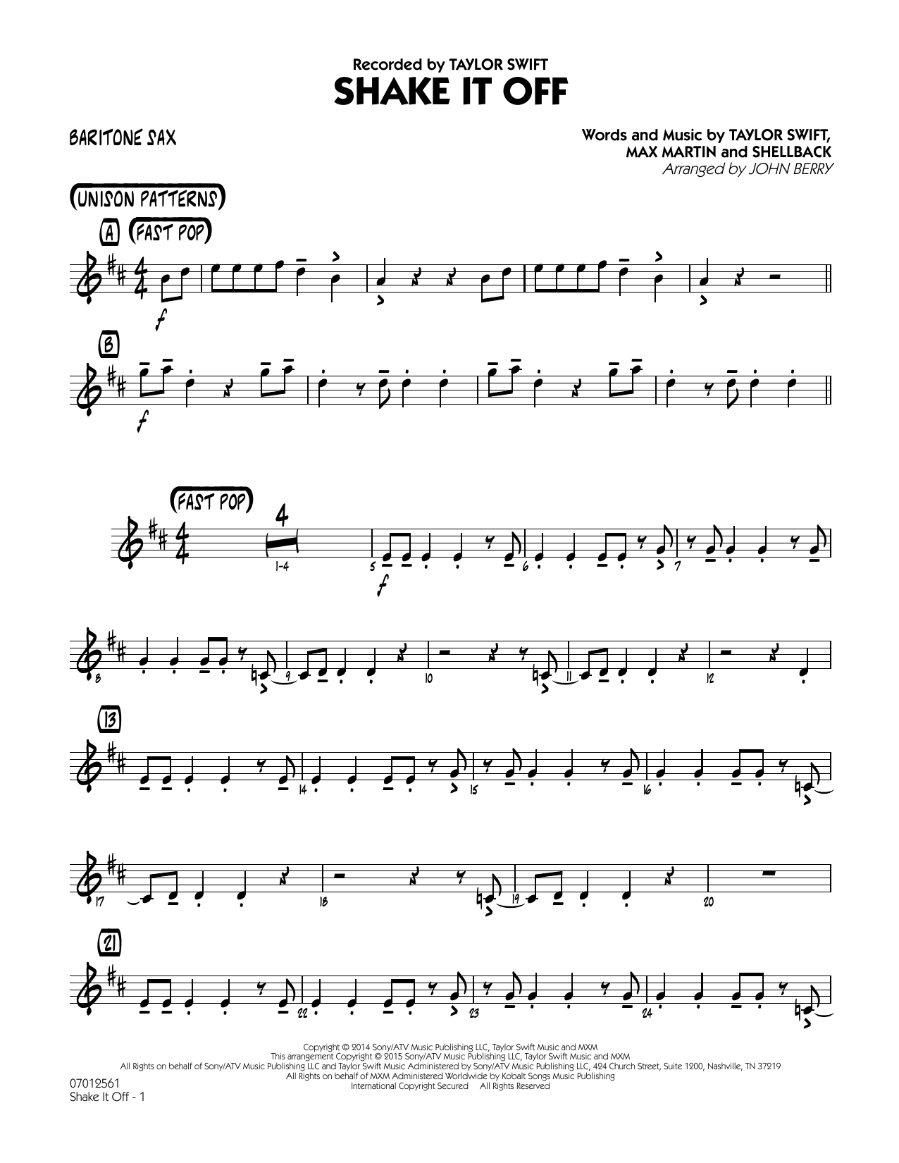 John Berry Shake It Off - Baritone Sax sheet music notes and chords arranged for Jazz Ensemble