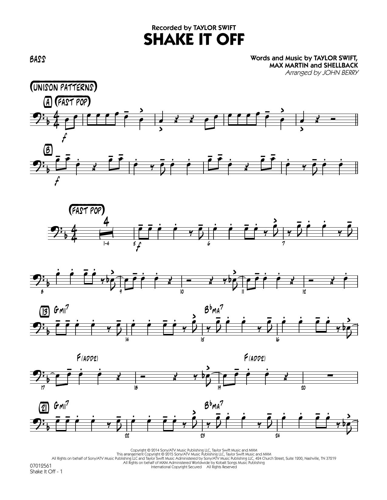 John Berry Shake It Off - Bass sheet music notes and chords arranged for Jazz Ensemble