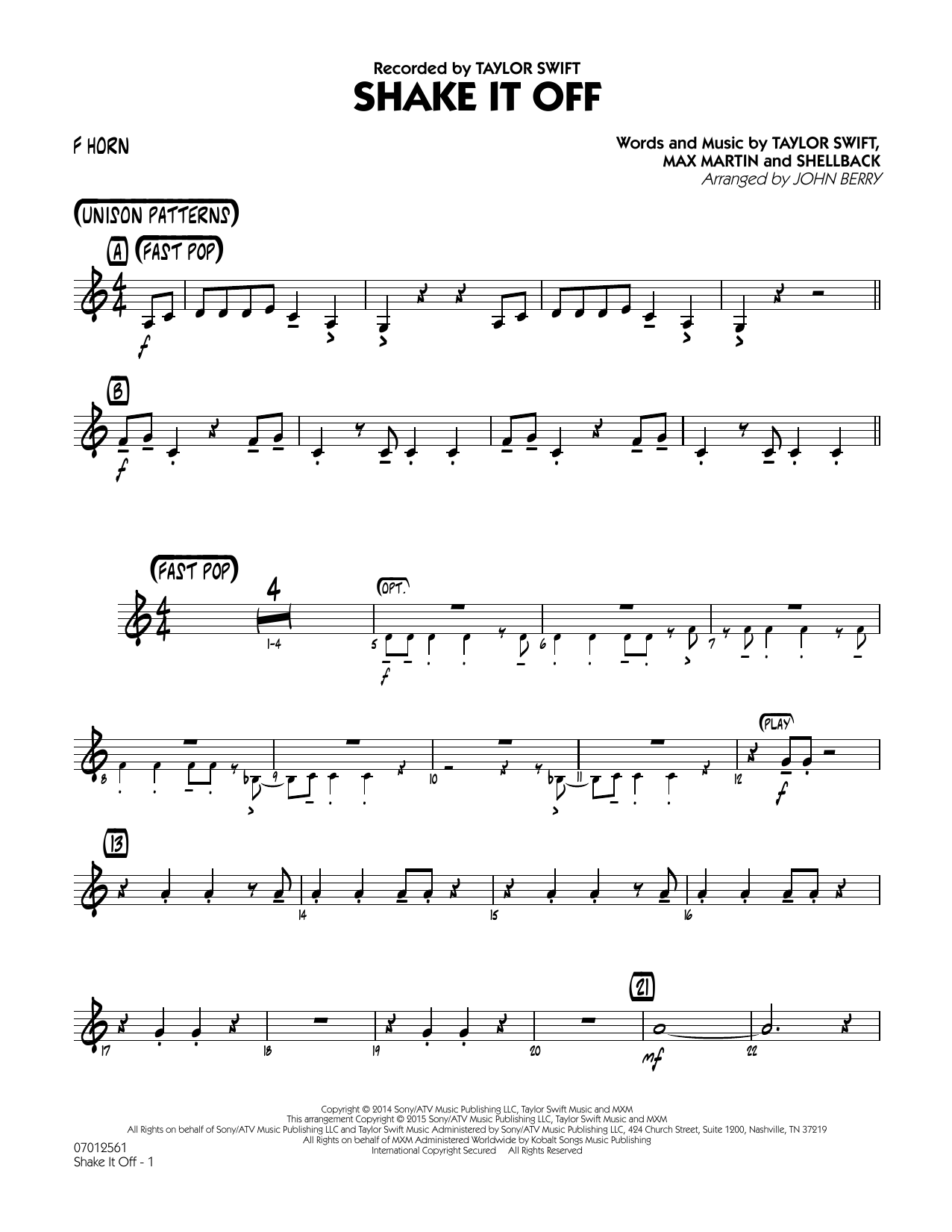 John Berry Shake It Off - F Horn sheet music notes and chords arranged for Jazz Ensemble