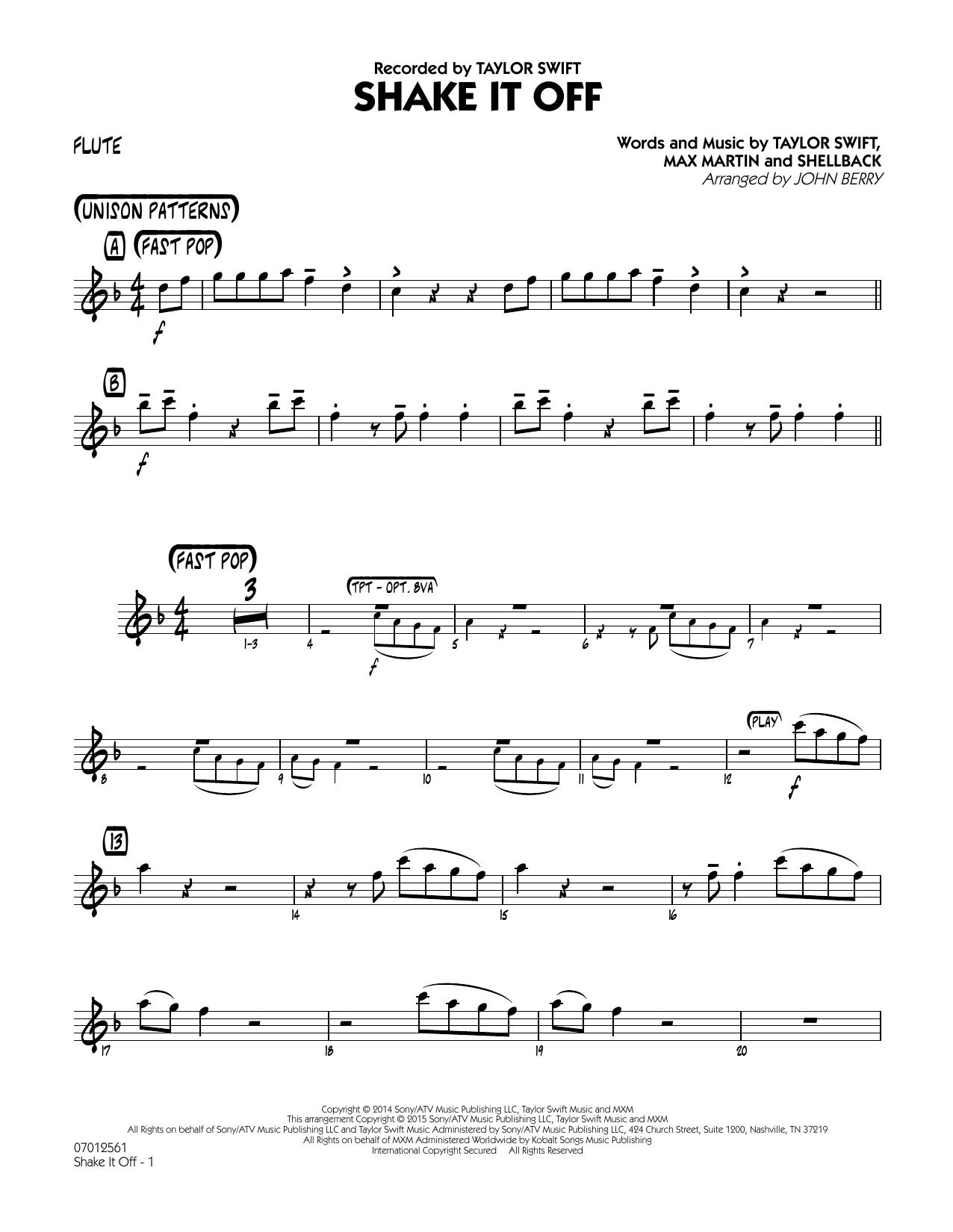 John Berry Shake It Off - Flute sheet music notes and chords arranged for Jazz Ensemble