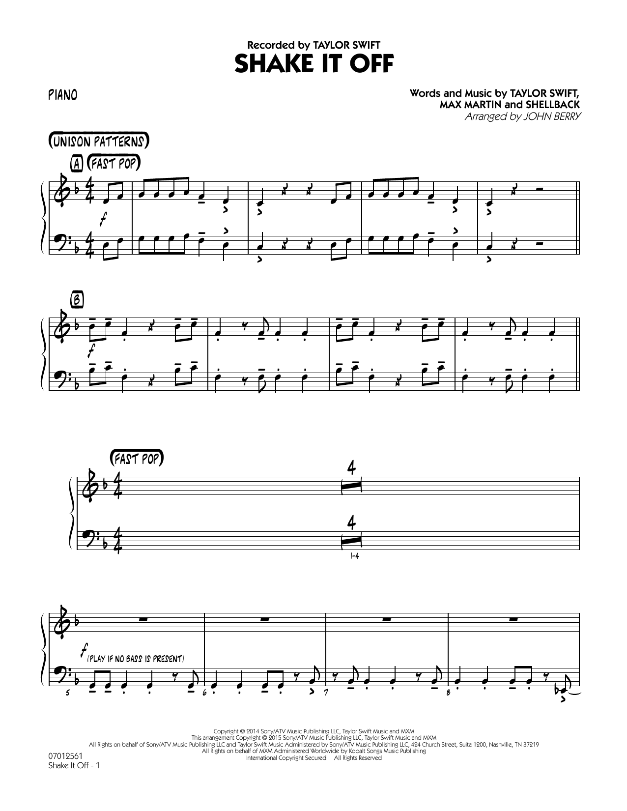 John Berry Shake It Off - Piano sheet music notes and chords arranged for Jazz Ensemble