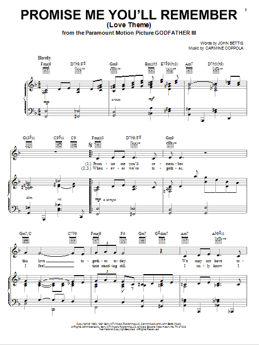 John Bettis Promise Me You'll Remember (Love Theme) sheet music notes and chords arranged for Piano, Vocal & Guitar Chords (Right-Hand Melody)