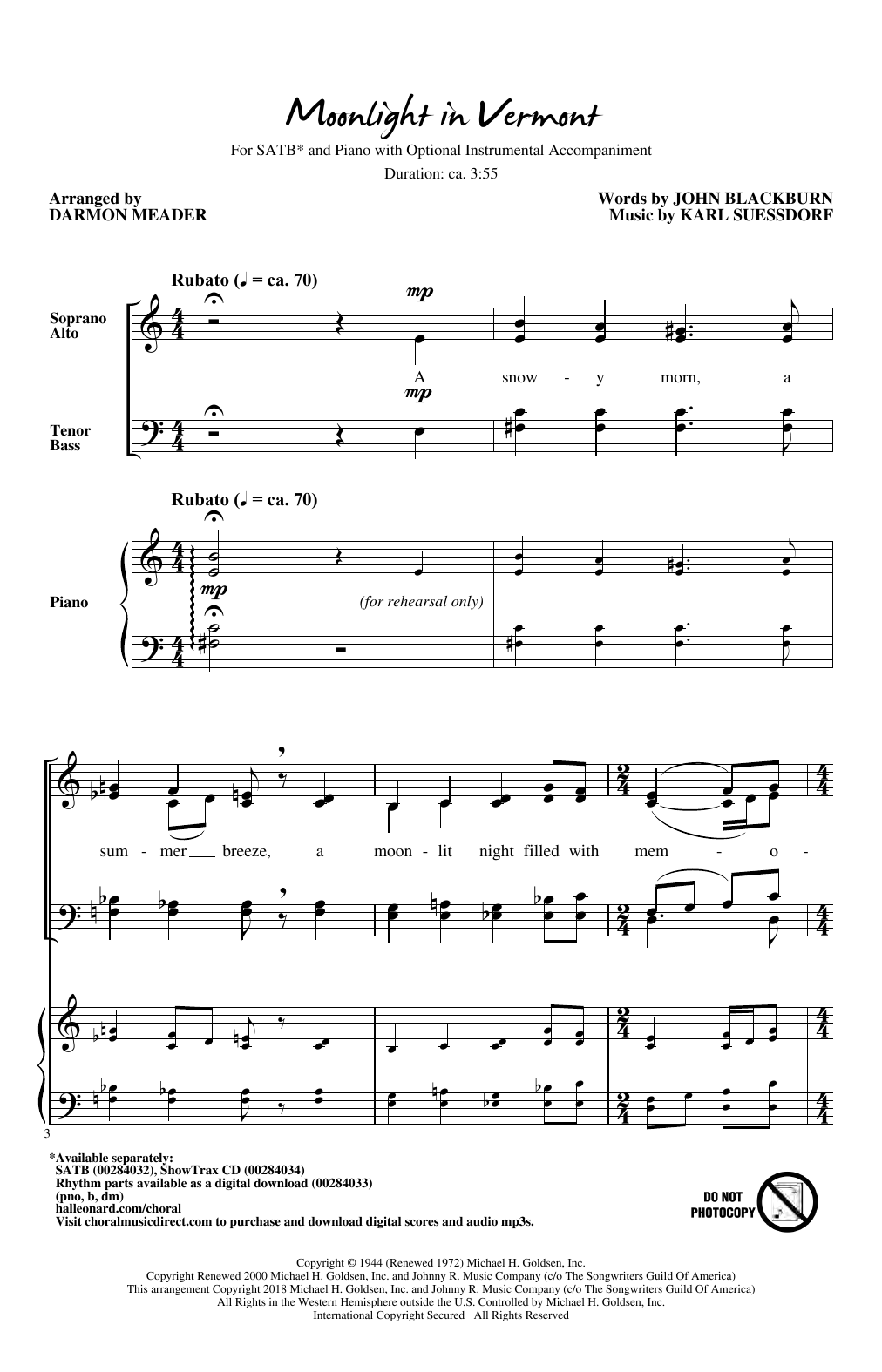 John Blackburn & Karl Suessdorf Moonlight in Vermont (arr. Darmon Meader) sheet music notes and chords arranged for SATB Choir