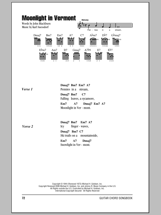 John Blackburn Moonlight In Vermont sheet music notes and chords arranged for Very Easy Piano