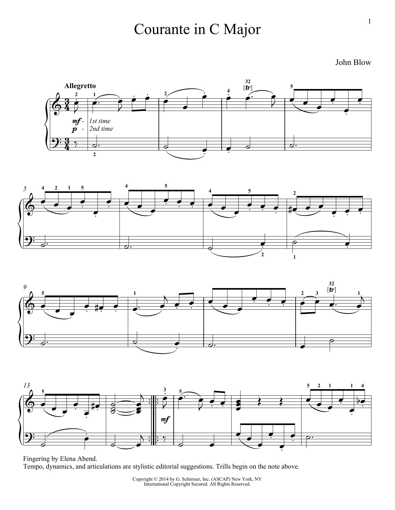 John Blow Courante sheet music notes and chords arranged for Piano Solo