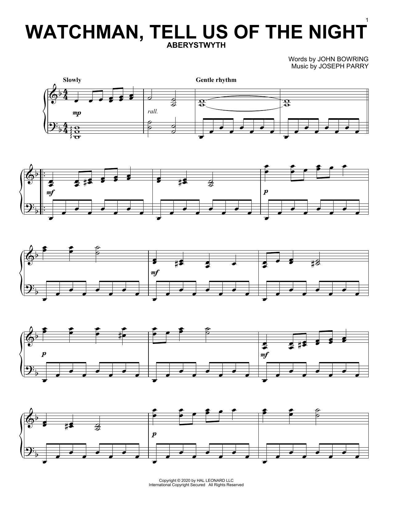 John Bowring and Joseph Parry Watchman, Tell Us Of The Night sheet music notes and chords arranged for Piano Solo