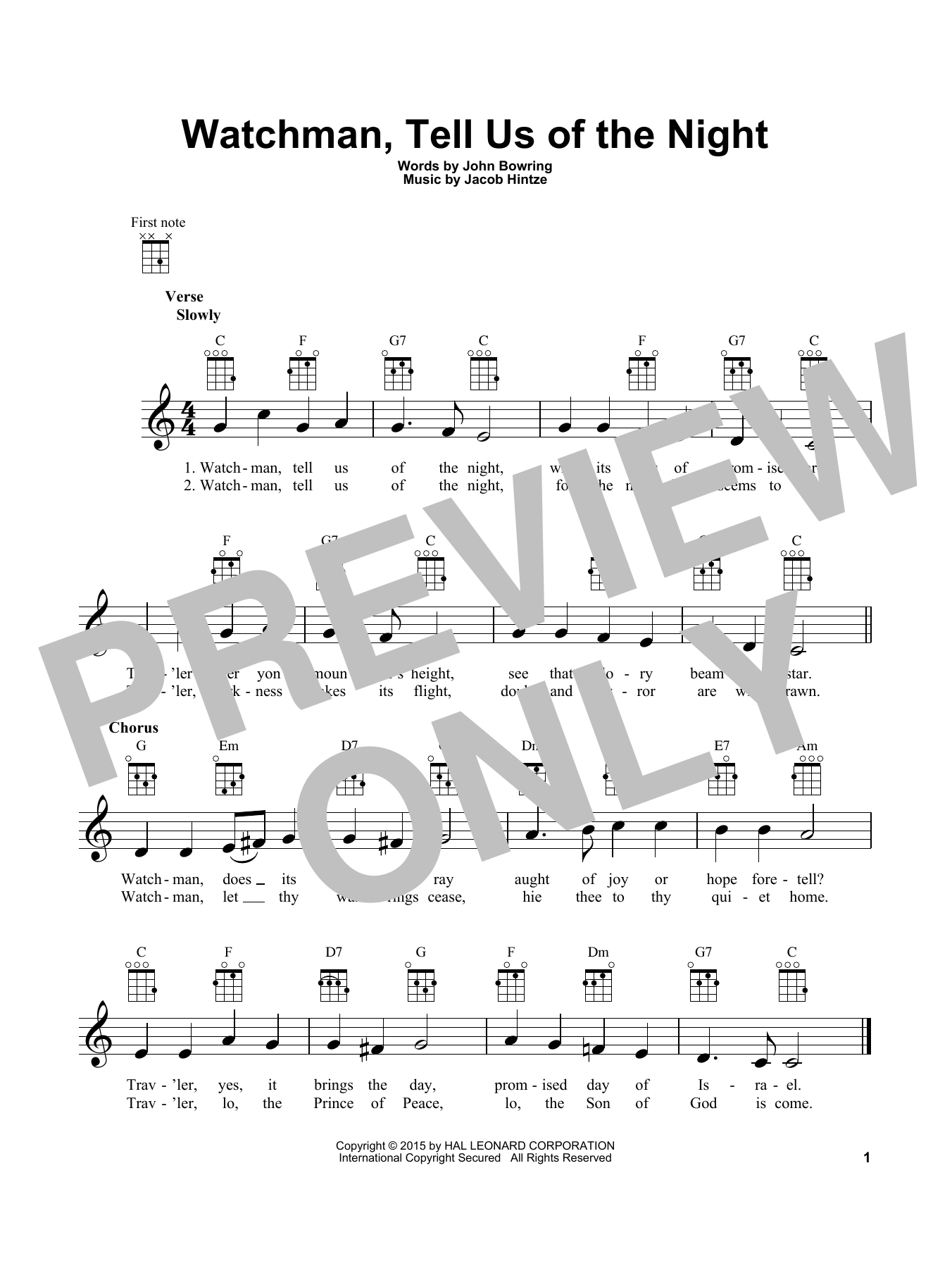 John Bowring Watchman, Tell Us Of The Night sheet music notes and chords arranged for Ukulele