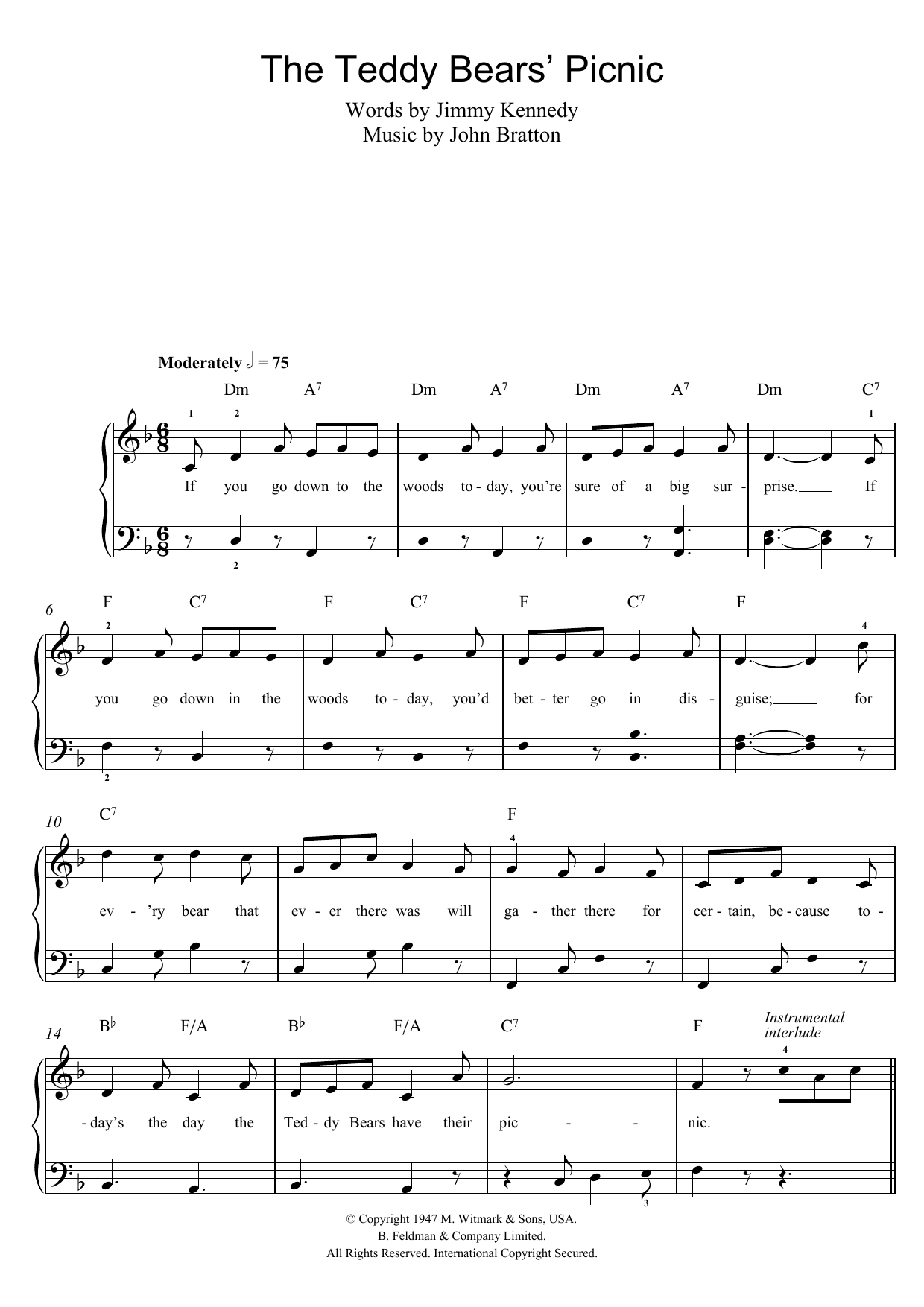 John Bratton The Teddy Bears' Picnic sheet music notes and chords arranged for Piano Chords/Lyrics