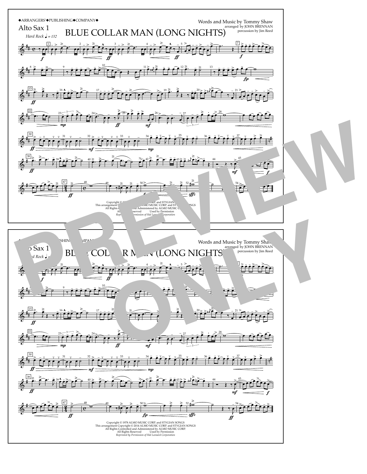 John Brennan Blue Collar Man (Long Nights) - Alto Sax 1 sheet music notes and chords arranged for Marching Band