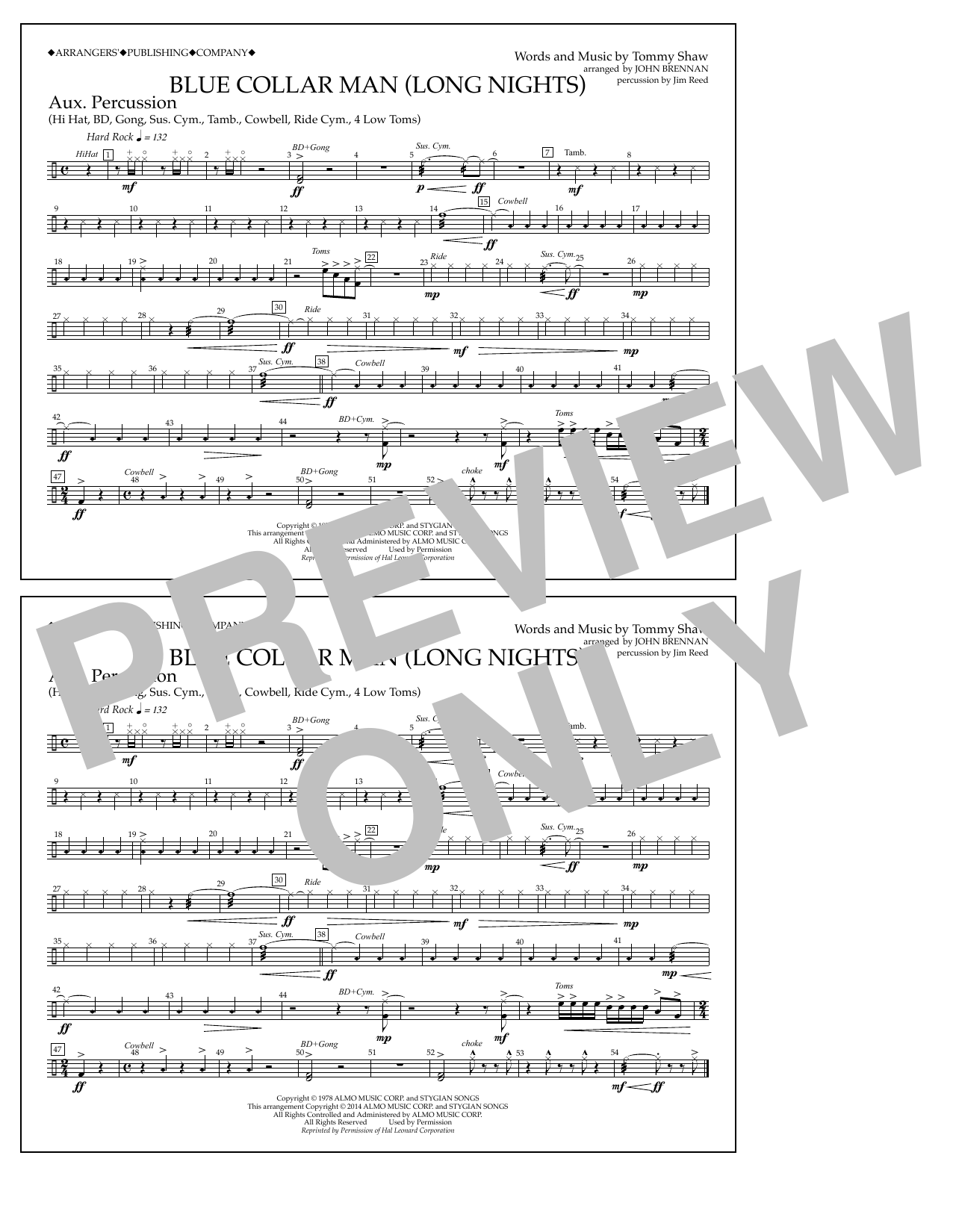 John Brennan Blue Collar Man (Long Nights) - Aux Percussion sheet music notes and chords arranged for Marching Band