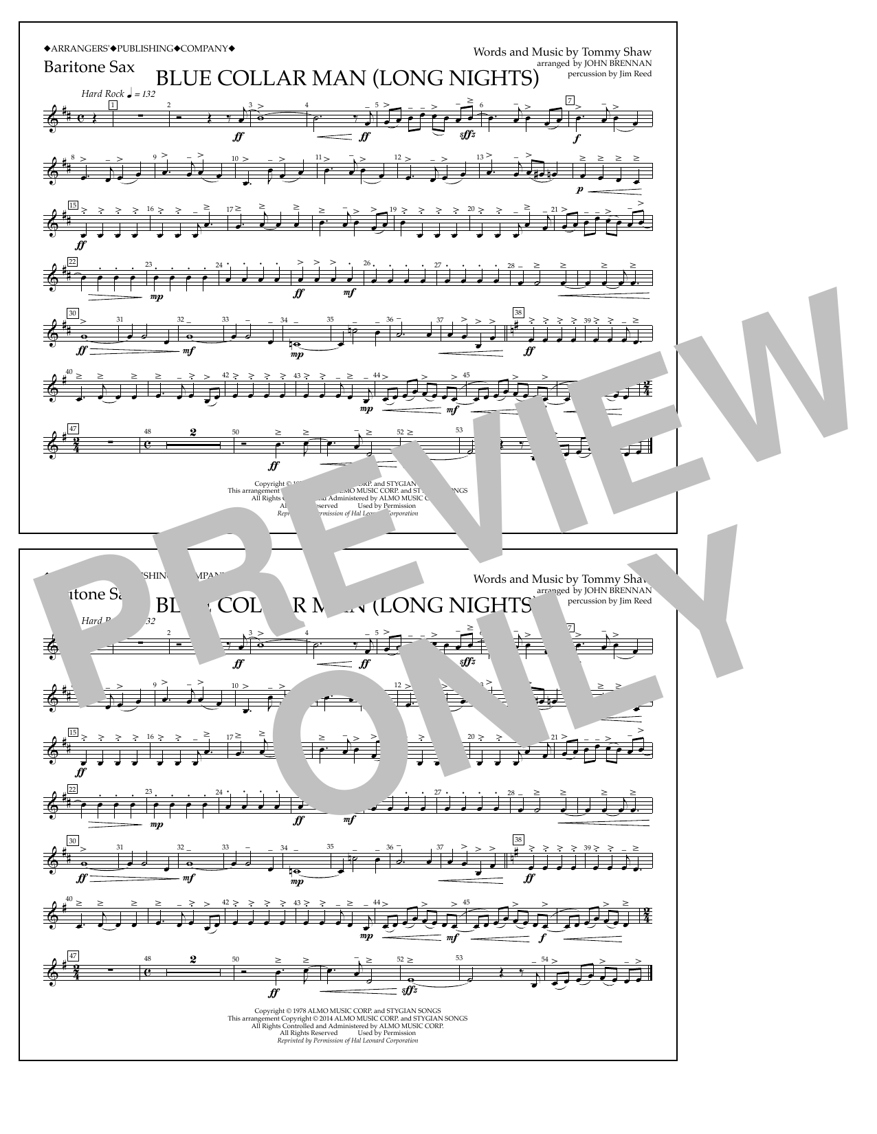John Brennan Blue Collar Man (Long Nights) - Baritone Sax sheet music notes and chords arranged for Marching Band
