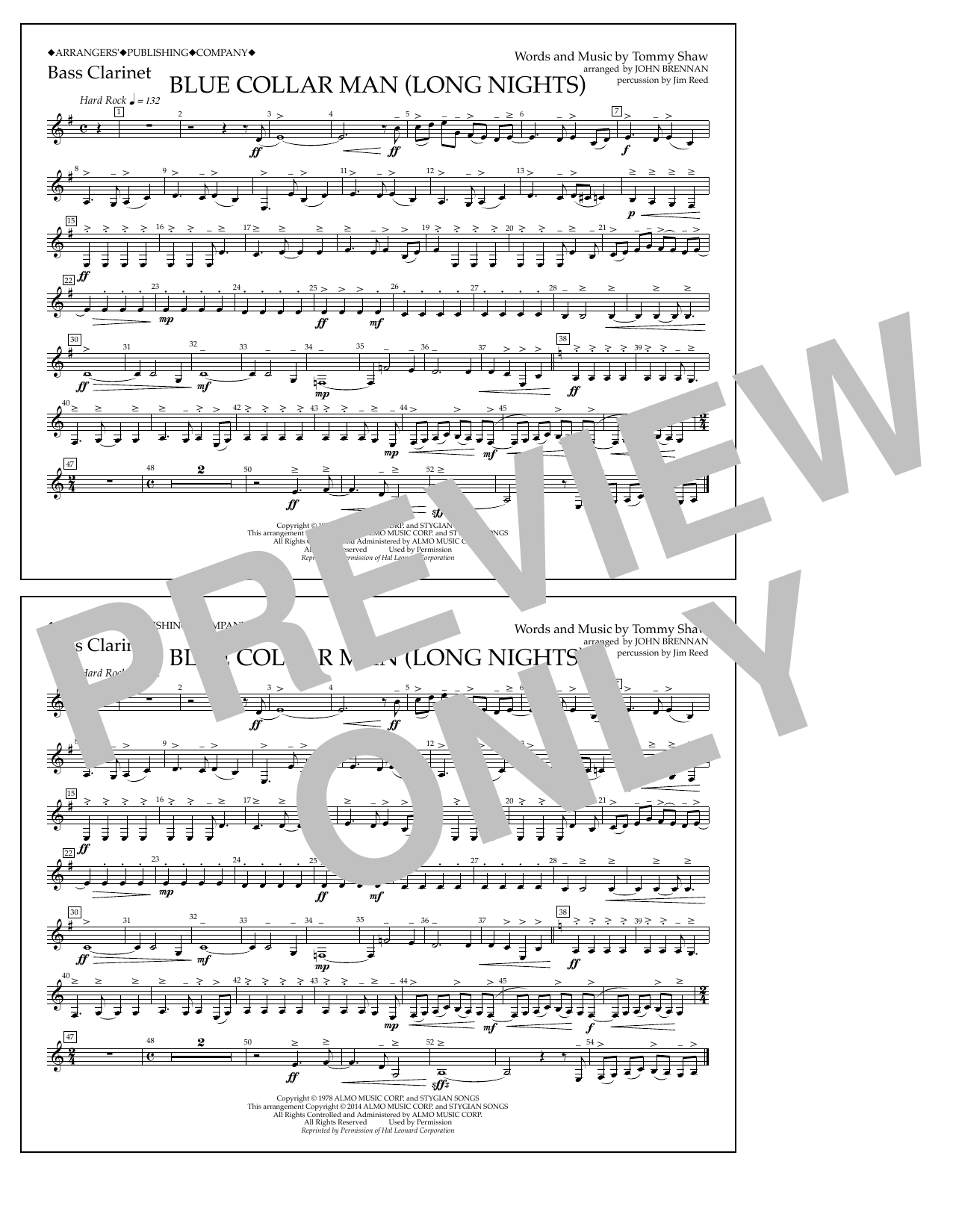 John Brennan Blue Collar Man (Long Nights) - Bass Clarinet sheet music notes and chords arranged for Marching Band