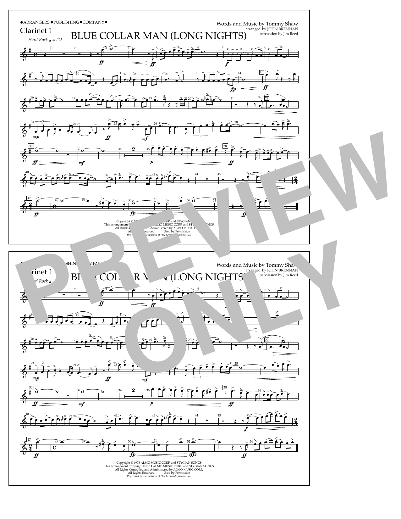 John Brennan Blue Collar Man (Long Nights) - Clarinet 1 sheet music notes and chords arranged for Marching Band