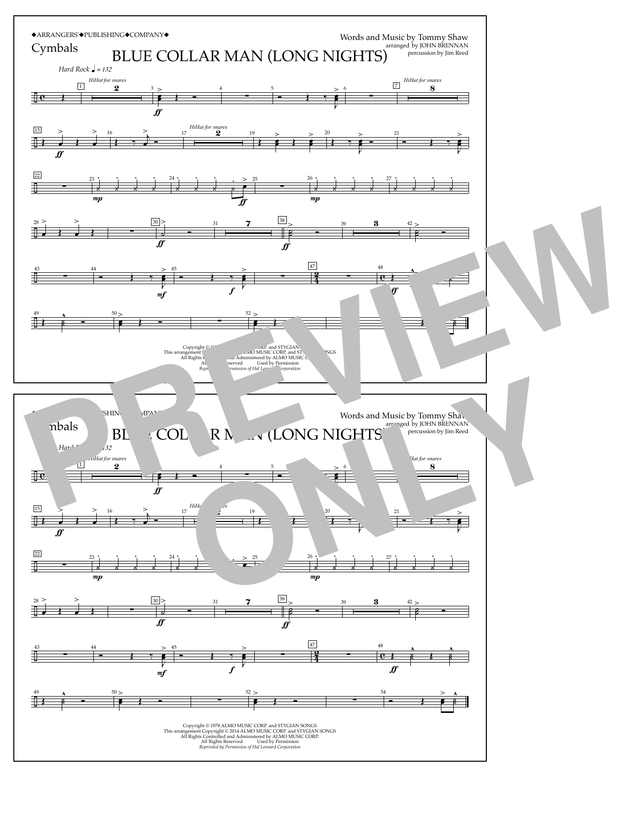 John Brennan Blue Collar Man (Long Nights) - Cymbals sheet music notes and chords arranged for Marching Band
