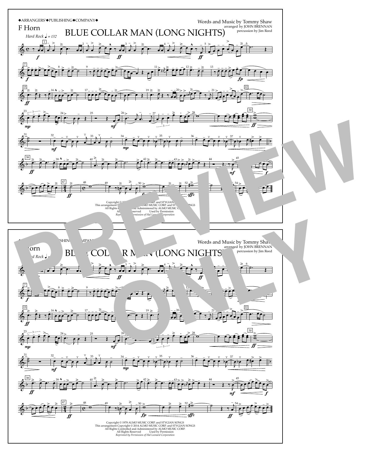 John Brennan Blue Collar Man (Long Nights) - F Horn sheet music notes and chords arranged for Marching Band