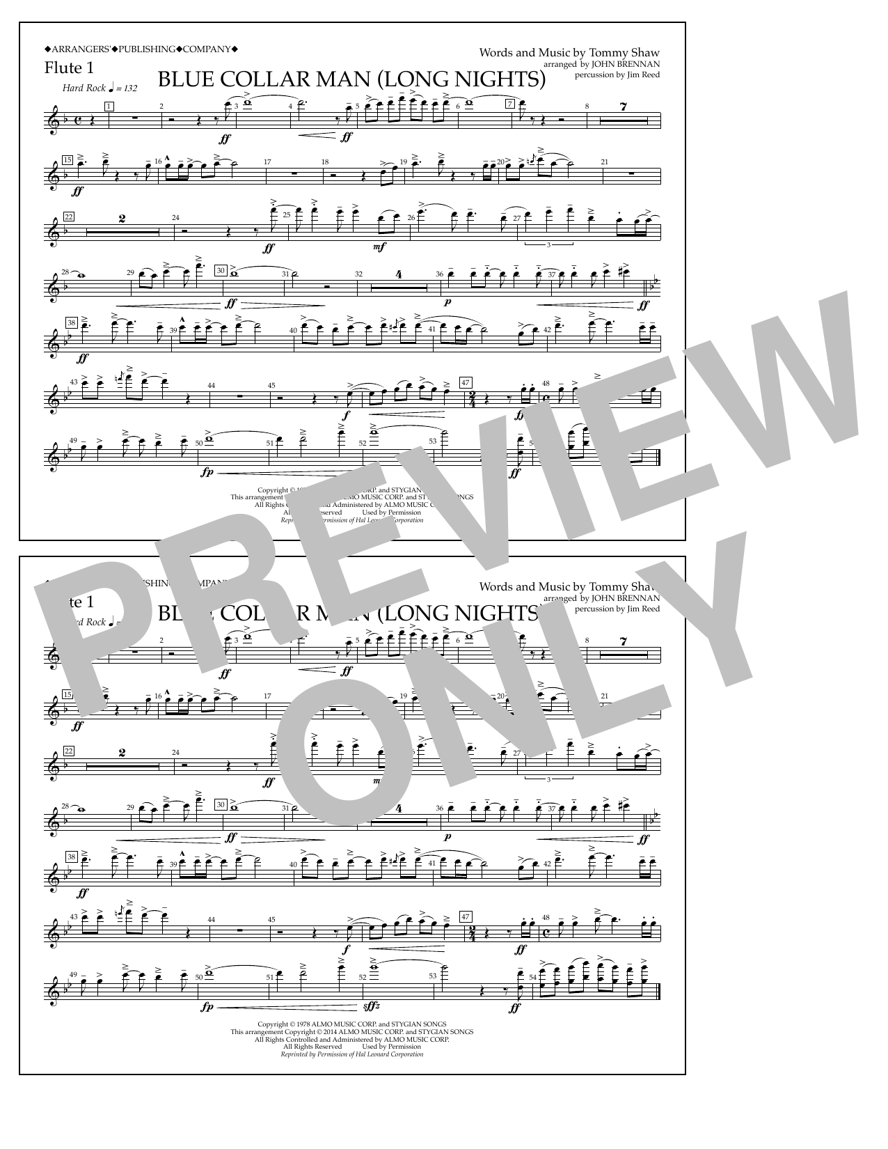 John Brennan Blue Collar Man (Long Nights) - Flute 1 sheet music notes and chords arranged for Marching Band