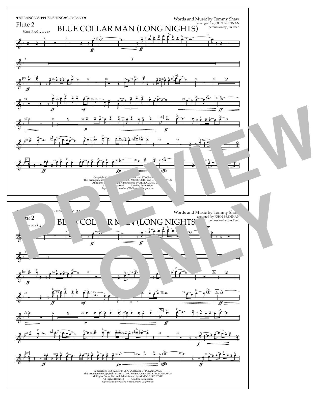John Brennan Blue Collar Man (Long Nights) - Flute 2 sheet music notes and chords arranged for Marching Band