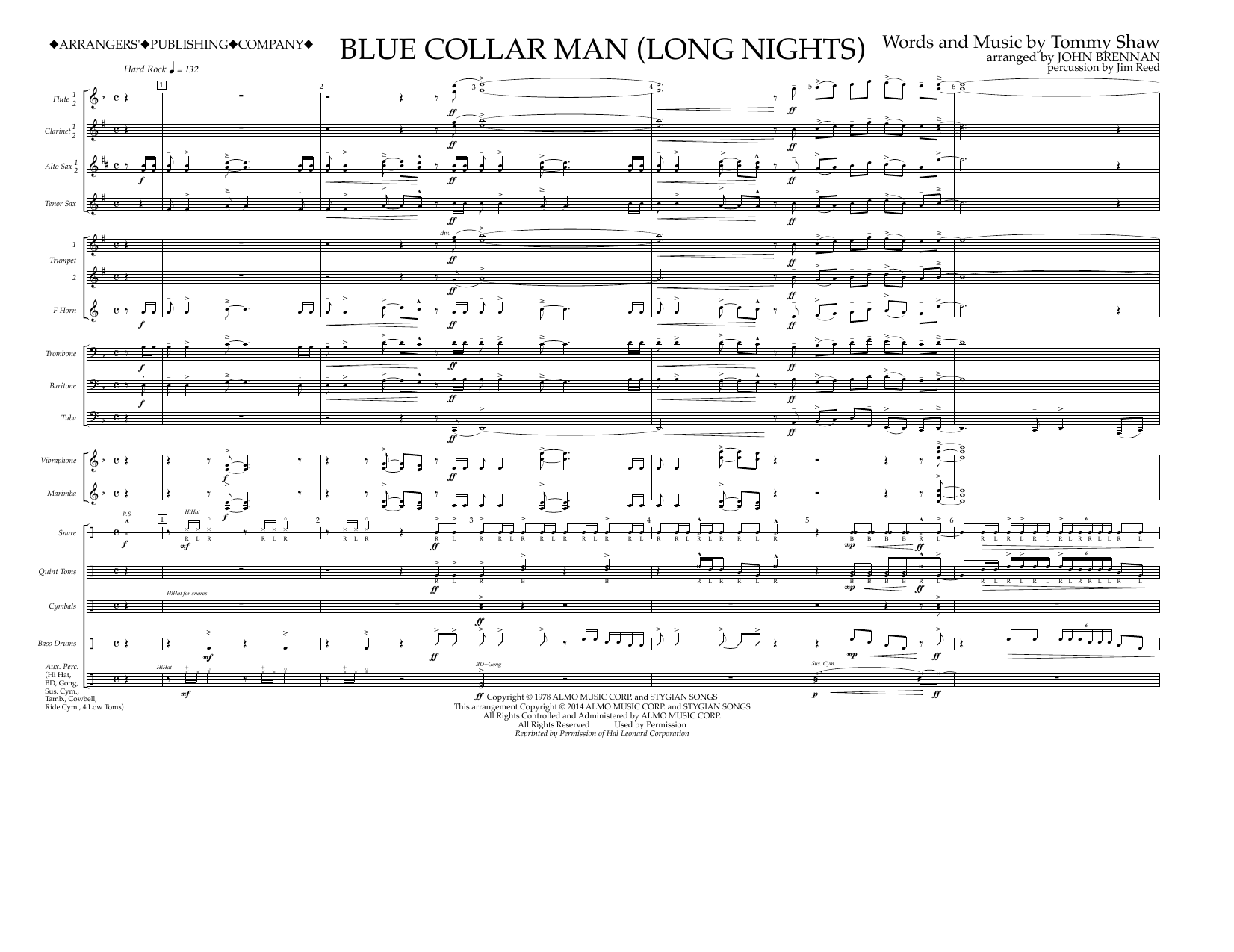John Brennan Blue Collar Man (Long Nights) - Full Score sheet music notes and chords arranged for Marching Band