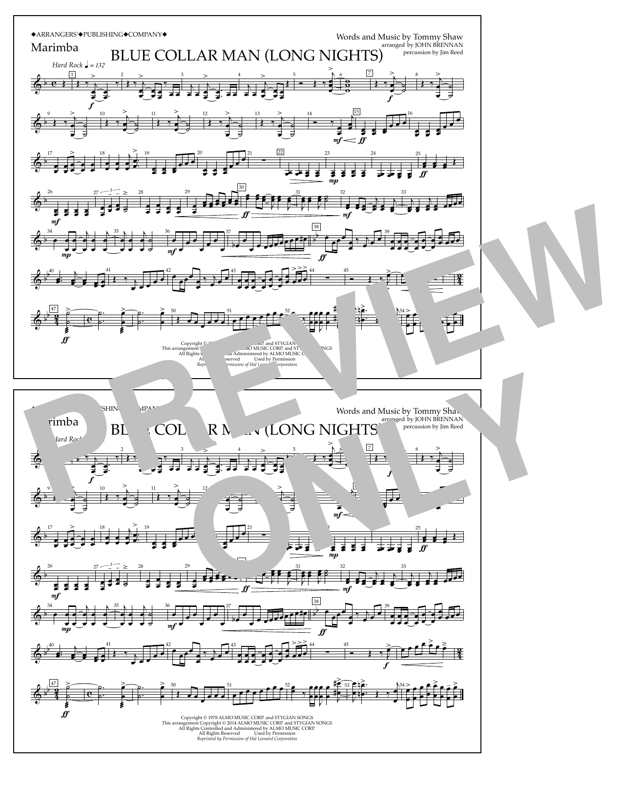 John Brennan Blue Collar Man (Long Nights) - Marimba sheet music notes and chords arranged for Marching Band