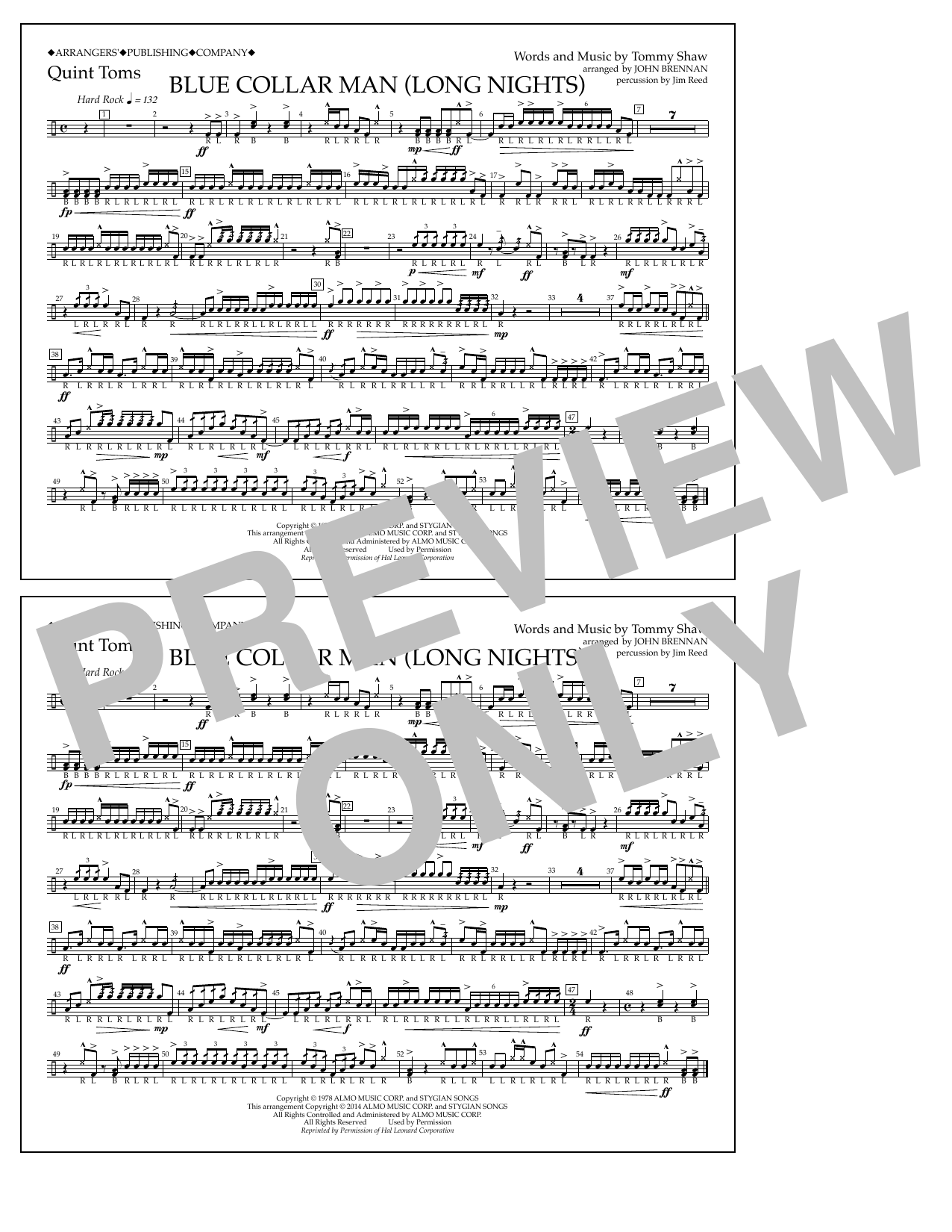 John Brennan Blue Collar Man (Long Nights) - Quint-Toms sheet music notes and chords arranged for Marching Band