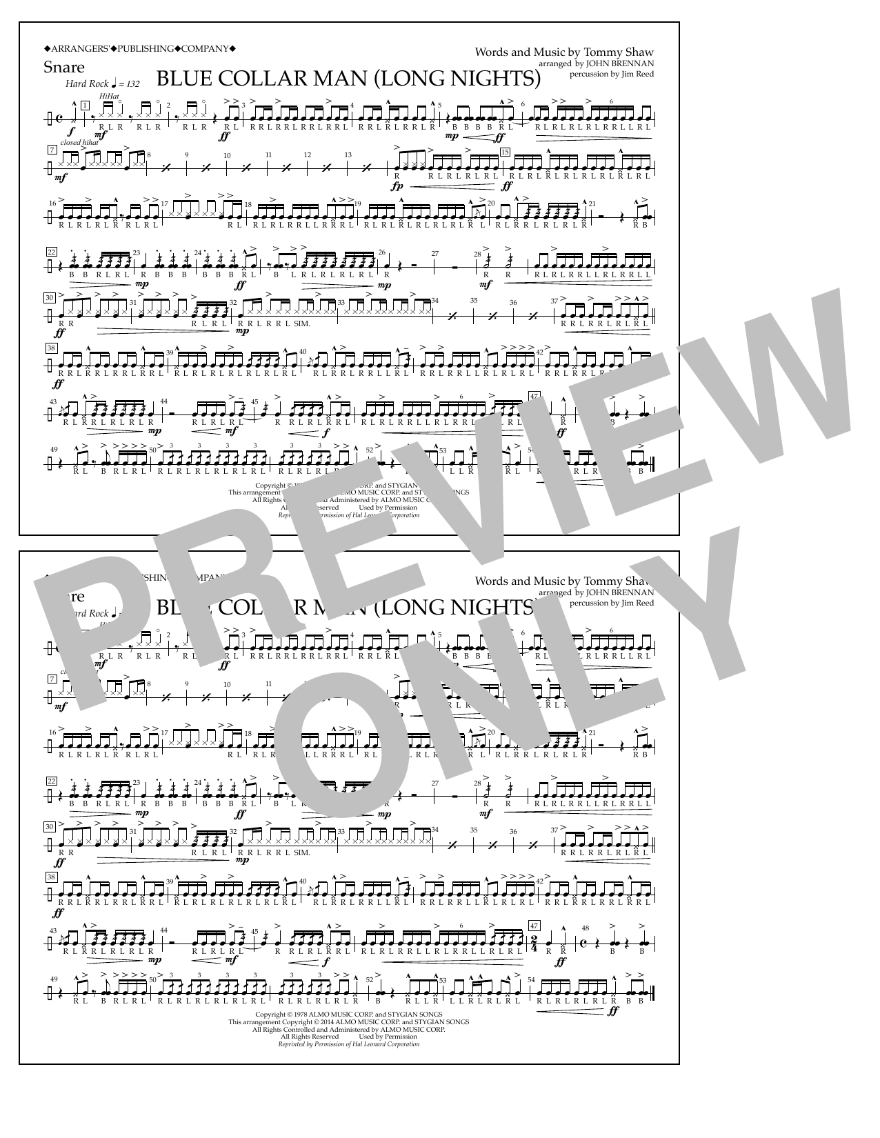 John Brennan Blue Collar Man (Long Nights) - Snare sheet music notes and chords arranged for Marching Band