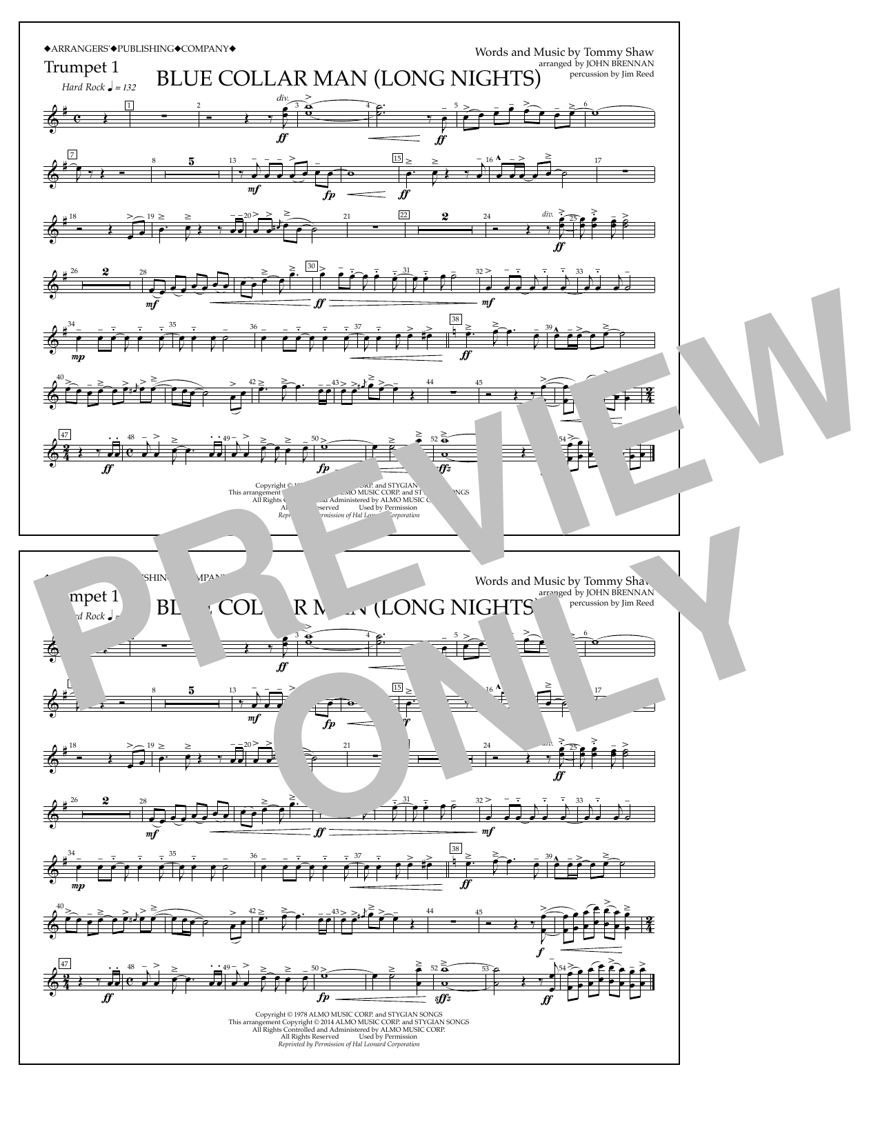 John Brennan Blue Collar Man (Long Nights) - Trumpet 1 sheet music notes and chords arranged for Marching Band