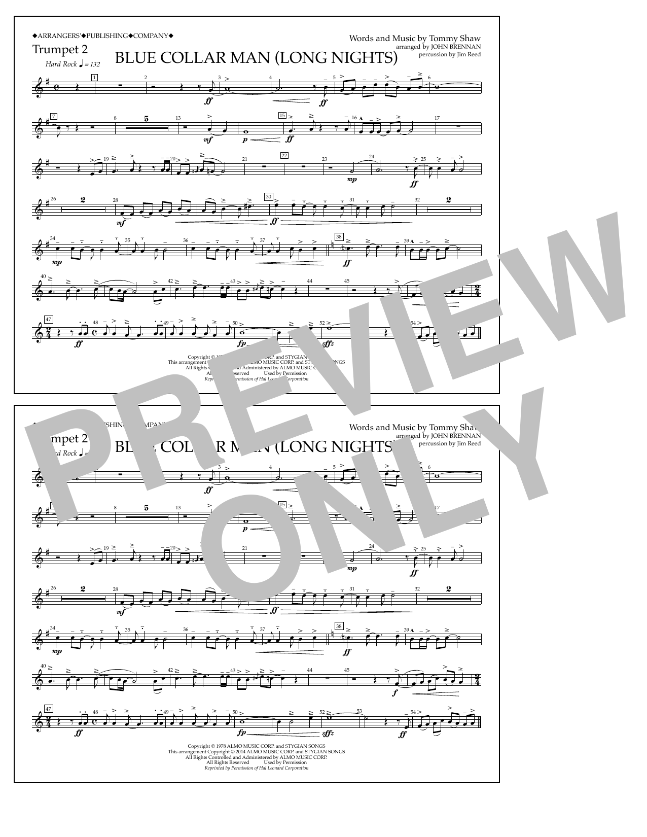 John Brennan Blue Collar Man (Long Nights) - Trumpet 2 sheet music notes and chords arranged for Marching Band