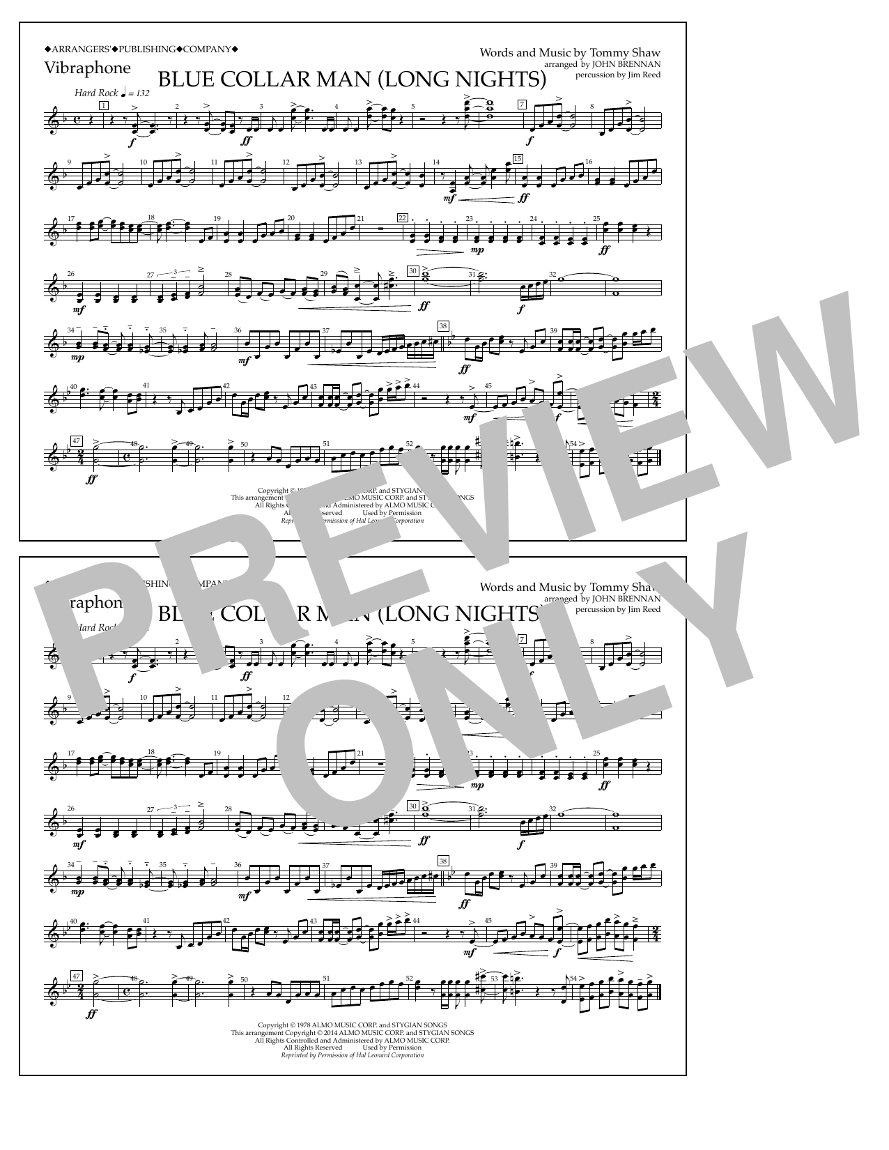 John Brennan Blue Collar Man (Long Nights) - Vibraphone sheet music notes and chords arranged for Marching Band