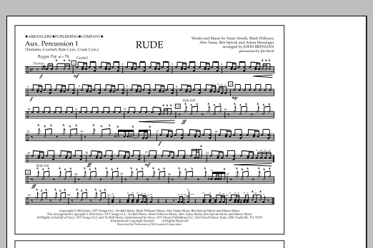 John Brennan Rude - Aux. Perc. 1 sheet music notes and chords arranged for Marching Band