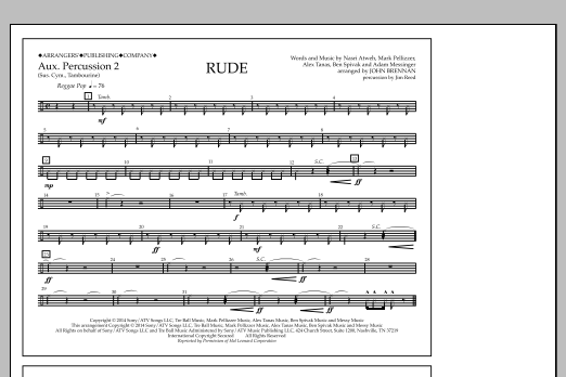 John Brennan Rude - Aux. Perc. 2 sheet music notes and chords arranged for Marching Band