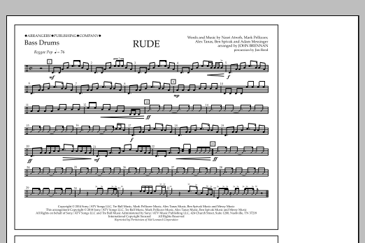 John Brennan Rude - Bass Drums sheet music notes and chords arranged for Marching Band