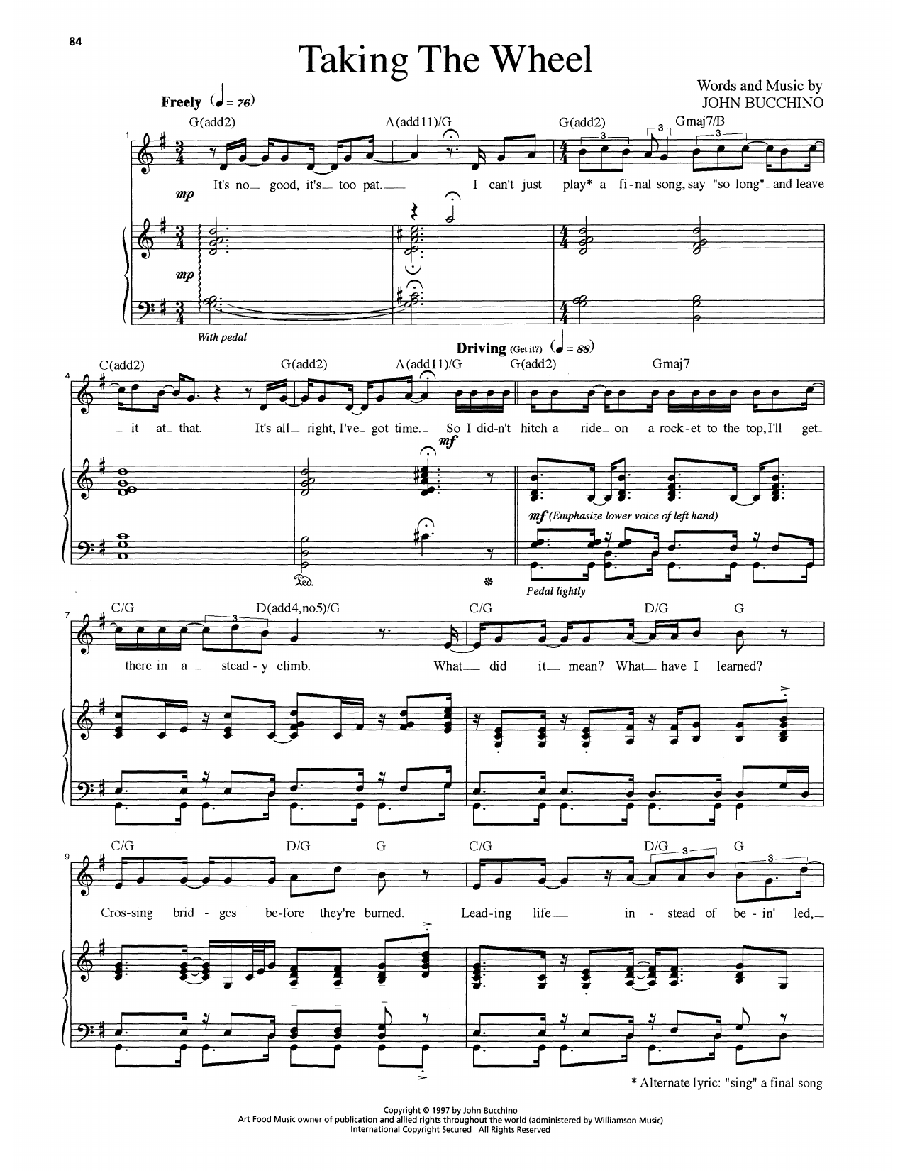 John Bucchino Taking The Wheel sheet music notes and chords arranged for Piano & Vocal