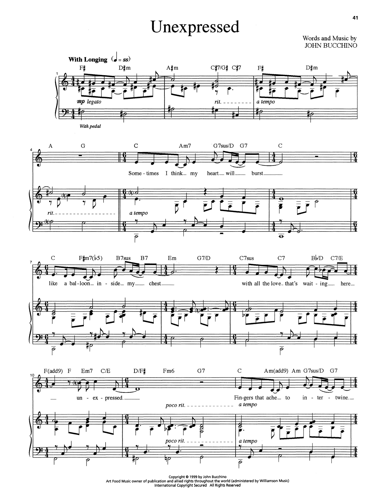 John Bucchino Unexpressed sheet music notes and chords arranged for Piano & Vocal