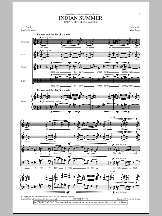 John Burge Indian Summer sheet music notes and chords arranged for SATB Choir